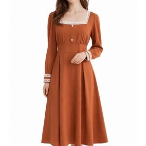 RIHOAS Rust Retro Peasant Cottage Puff Long Sleeve Dress M 1930's Style Midi NWT